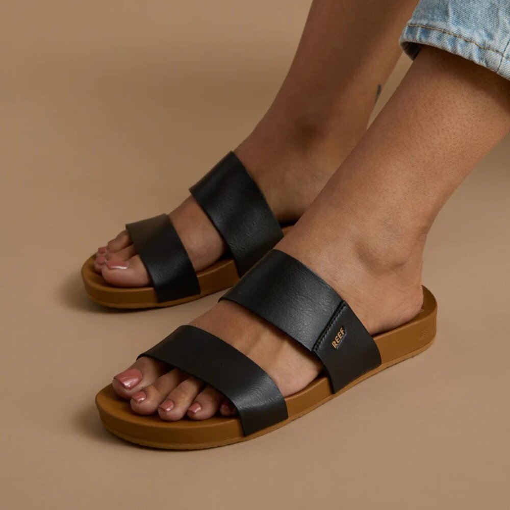REEF Cushion Vista Slip-On Women's Open Toe Flat Sandals Tan and Black US 7